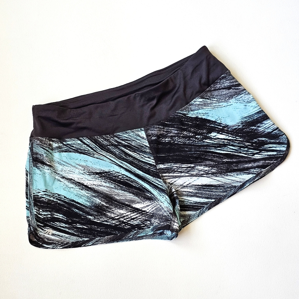 Ideology Women’s Abstract Print Running Athletic Shorts Black Aqua Blue Size M